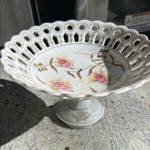Floral Pink and white Porcelain pedestal dish with Gold Accents